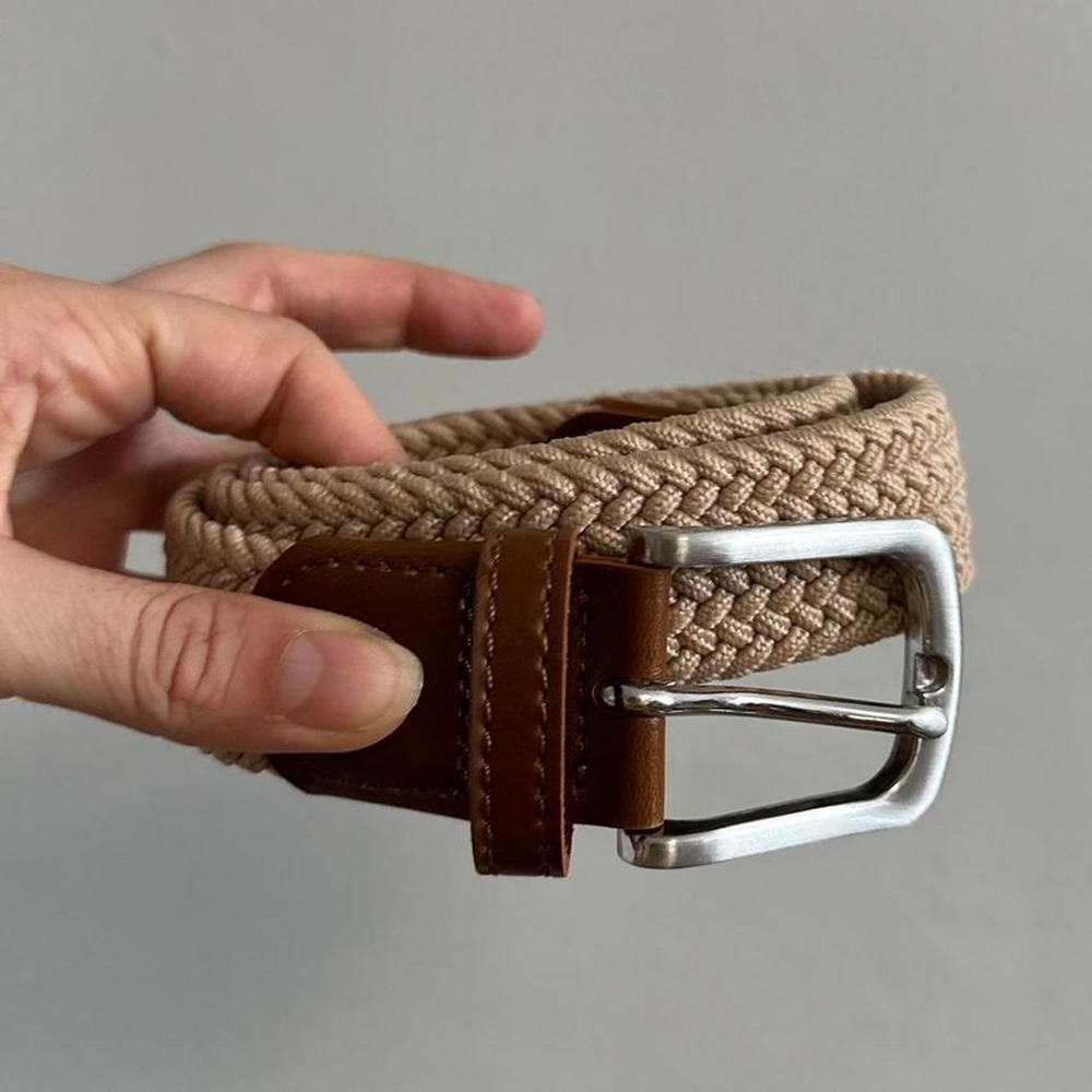 Brown leather and beige knit belt
